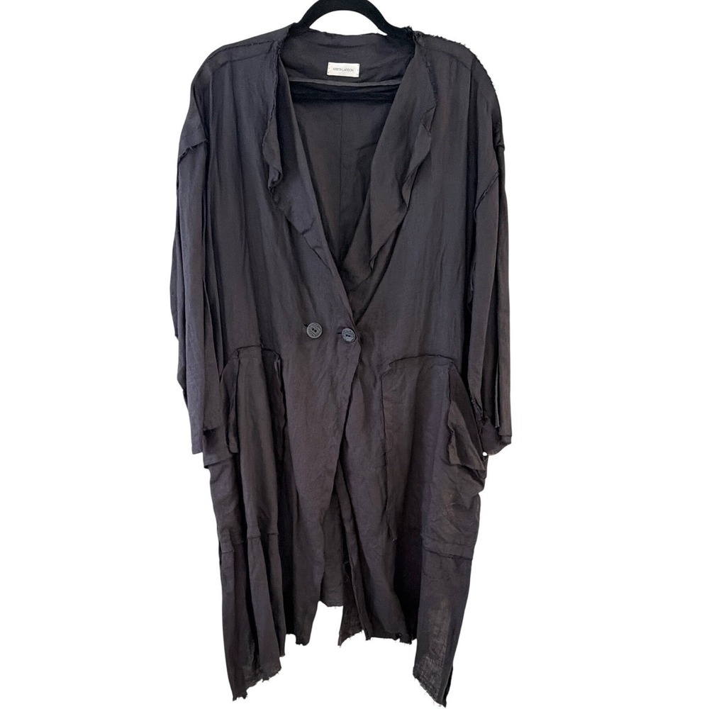 Krista Larson Black 100% Linen Long Duster Jacket Raw Edge Lagenlook One Size